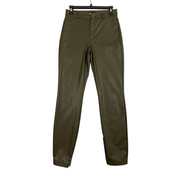 Zara Faux Leather Pants Womens Size Medium Olive Green Hi Rise Ankle Zip Legging - Picture 1 of 12